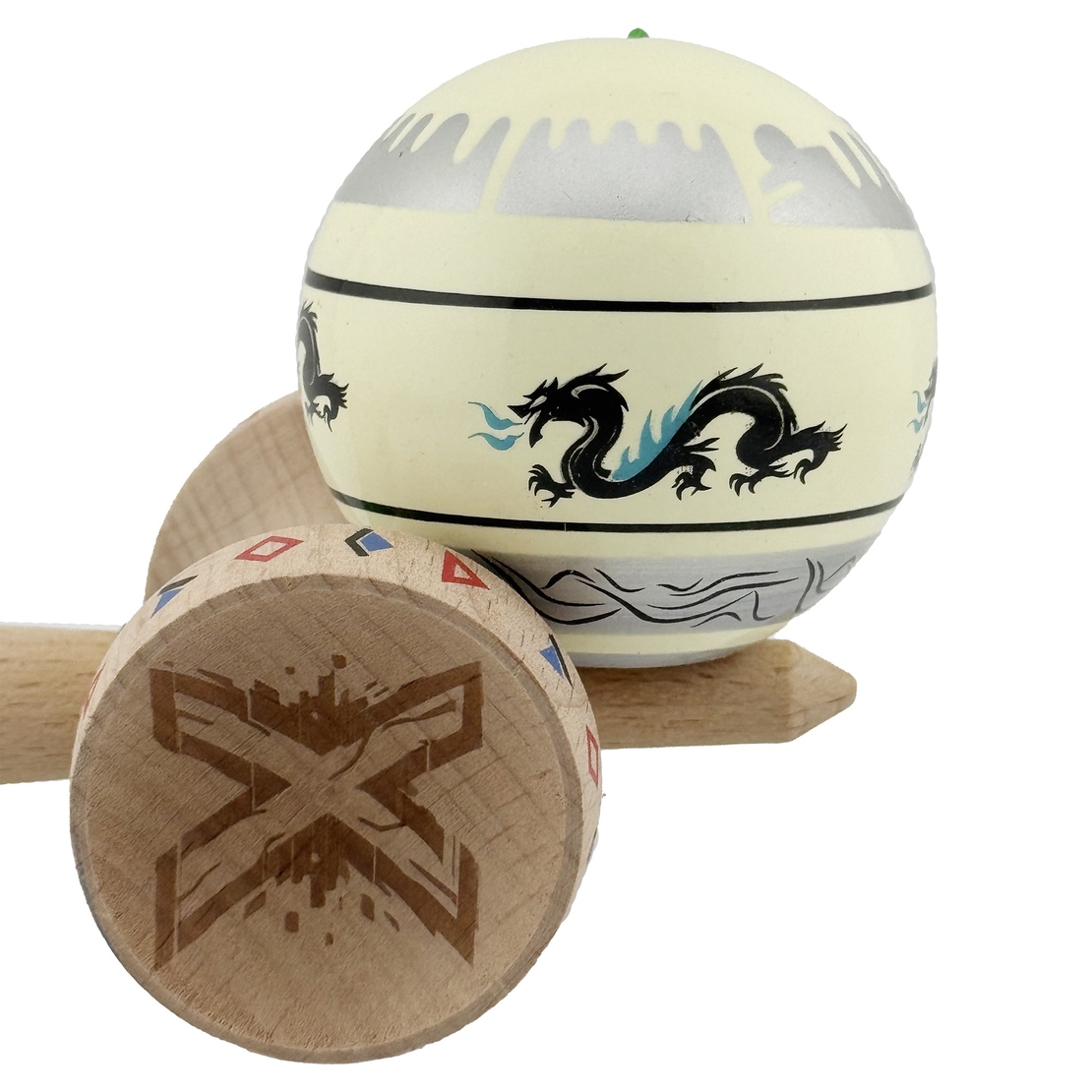 Kendama X Originala, Profesionala, Flippy, DRAGON Series, Super Sticky cu Cupe Mari King Size V3, Rulment Metalic si Gaura in Baza, din Lemn 18 cm, Ata 62/65 cm, Gri/Verde deschis