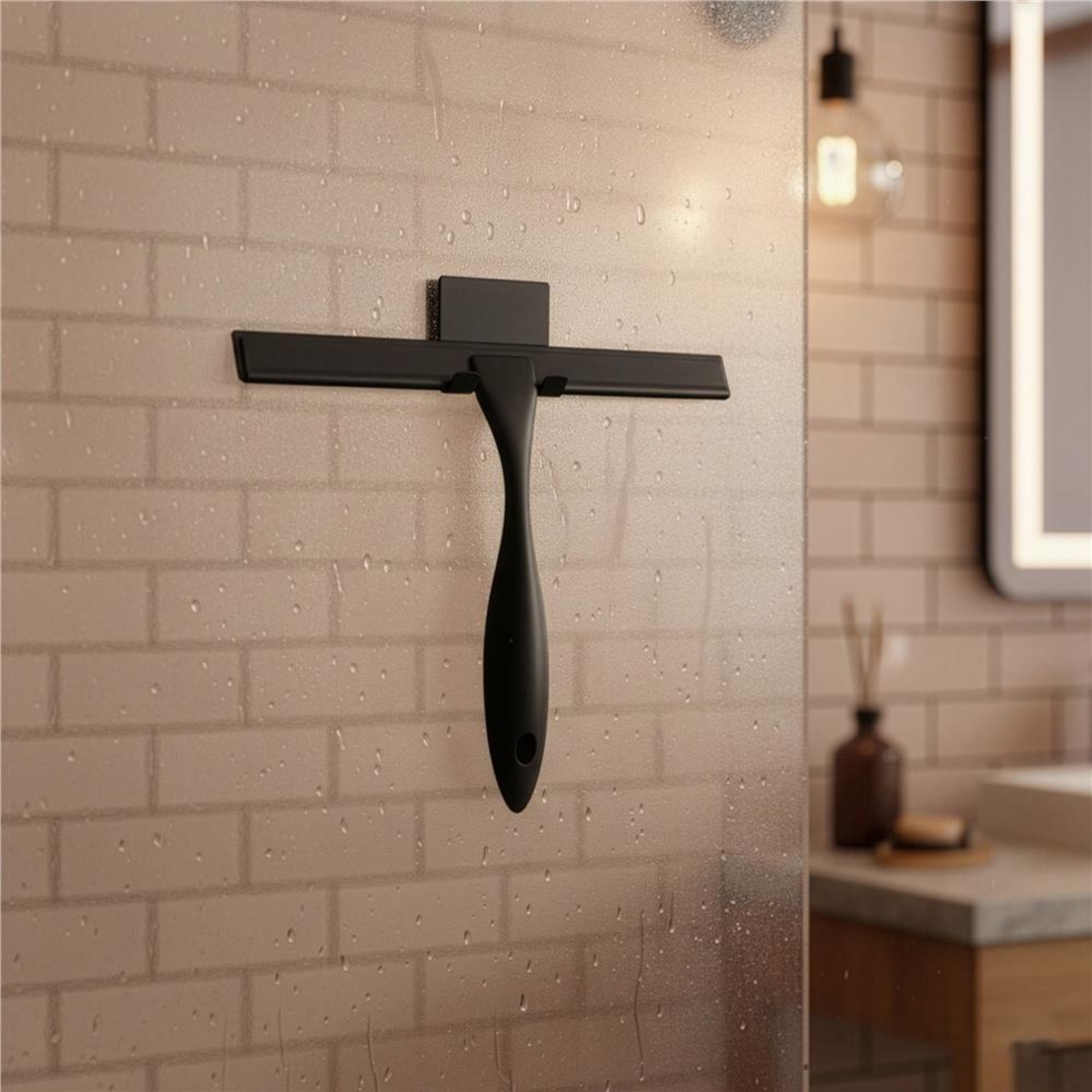 Racleta pentru baie din inox cu suport adeziv, lama 25 cm, finisaj mat negru