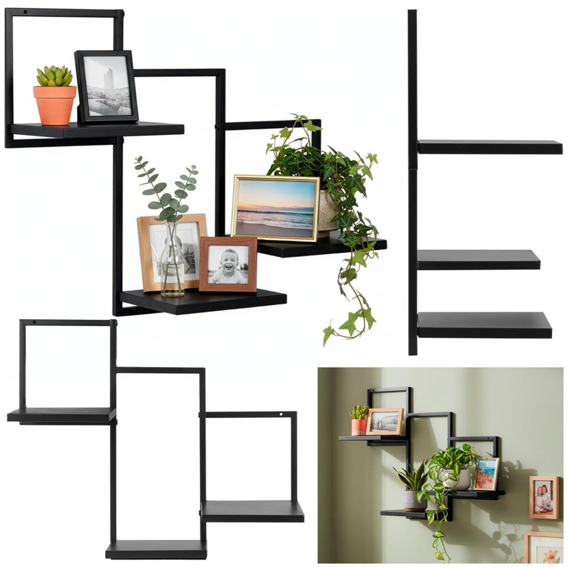 Raft de perete cu 3 polite din MDF si cadru metalic, 58x21x50 cm, negru