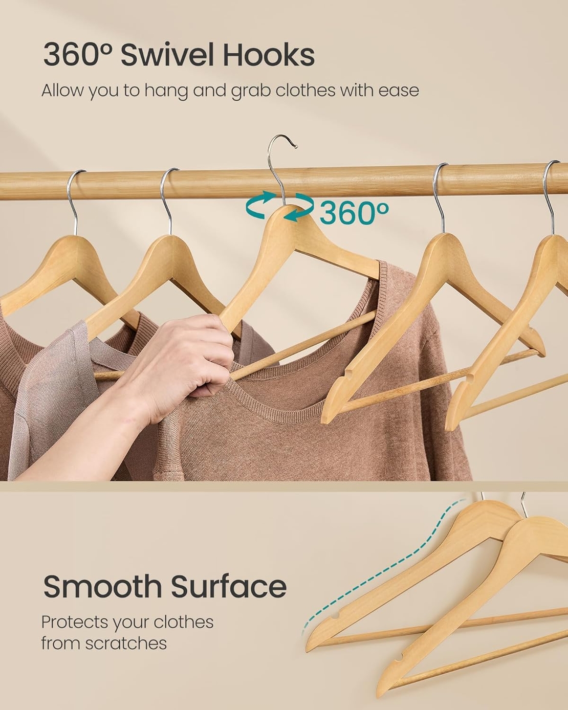 SONGMICS Set de 30 de umerase din lemn, carlige rotative 360°, cu bara pentru pantaloni, 43 cm, natur