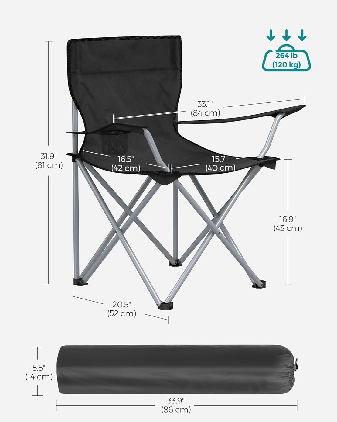 SONGMICS Set 2 scaune pliabile camping cu suport bauturi, husa transport, 52x84x81 cm, 120 kg, negru