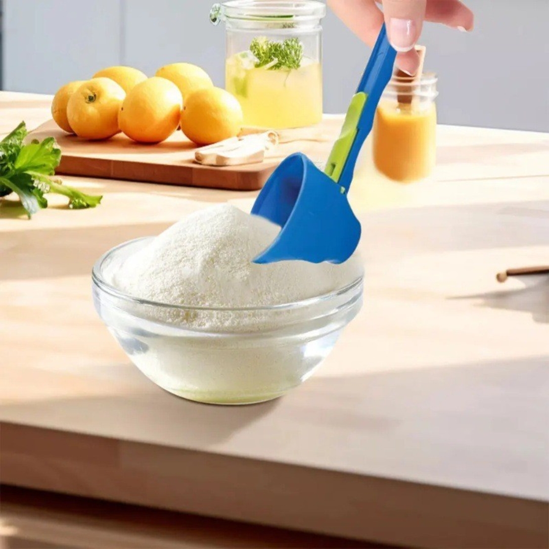 Lingura pentru Proteine, Vafy, Lingura cu Palnie Culisanta, Lingura Dozator pentru Lapte Praf si Suplimente, 12.5 cm, Albastru