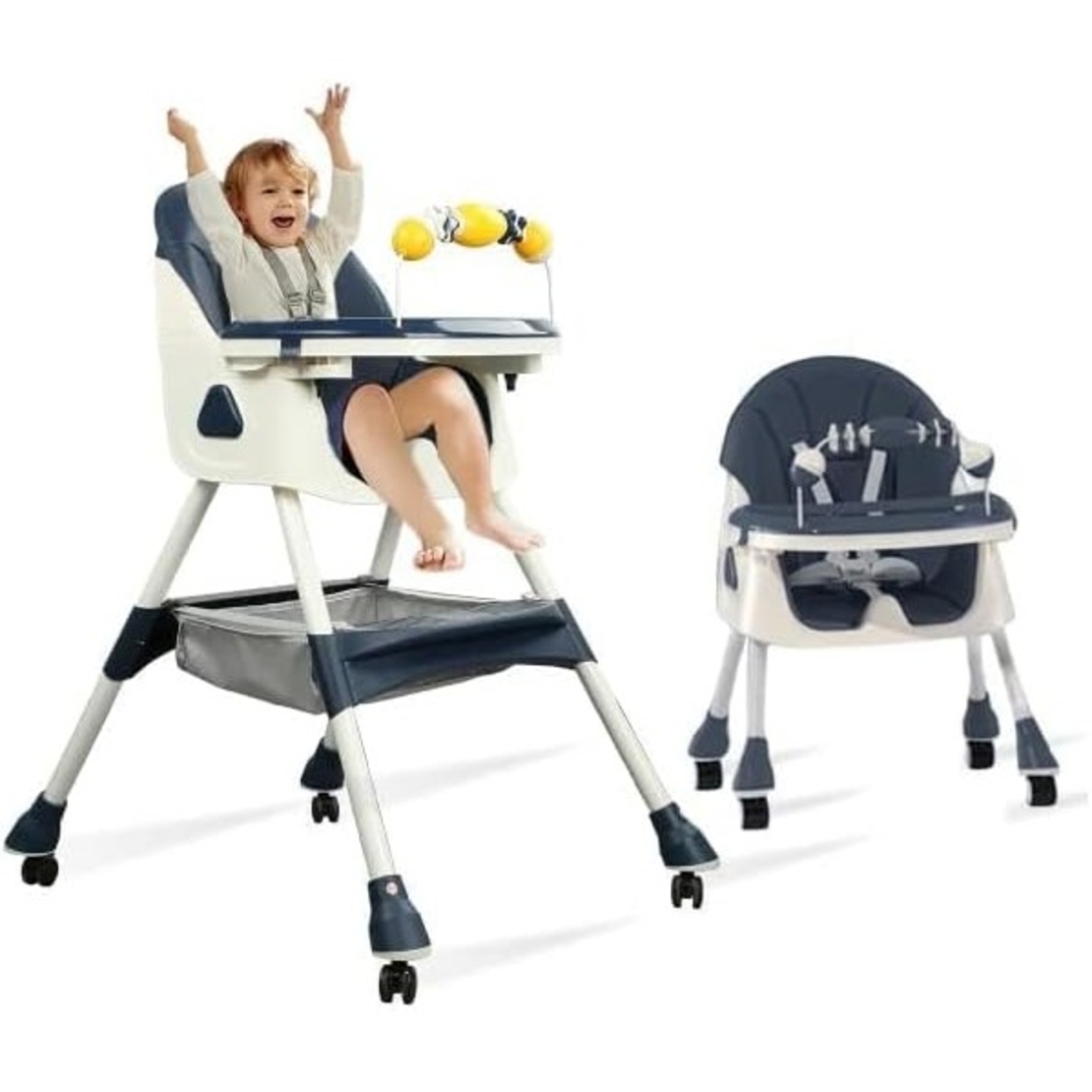 Scaun de Masa 2in1, Flippy, pentru Copii de la 6 luni - 5 Ani, Inaltime Reglabila, Centura in 5 Puncte, Tava de Masa, Roti cu Frana, Cos Depozitare, Jucarie Inclusa, 94 x 78 x 60 cm, Albastru/Alb