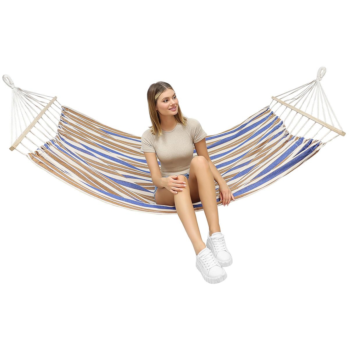 Hamac dublu cu bare din lemn, pentru 2 persoane, bumbac, 150kg, 200x150 cm, albastru si maro