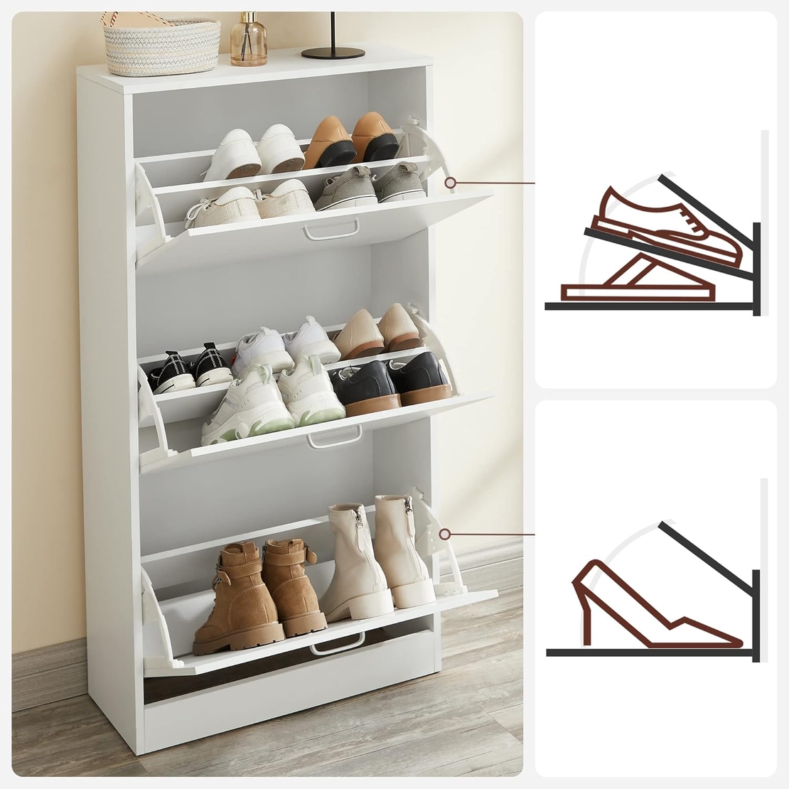 VASAGLE Dulap pantofi cu 2 usi rabatabile, pentru 12-18 perechi, 60x24x120 cm, alb