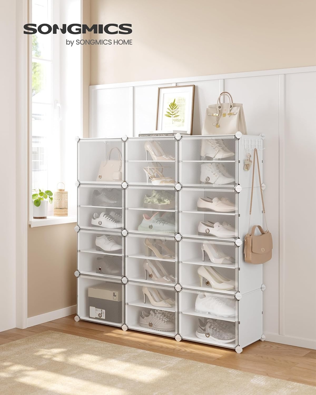 SONGMICS Organizator pantofi modular cu 12 compartimente, cadru metalic si panouri din plastic, cu usi, 124x32x125 cm, alb