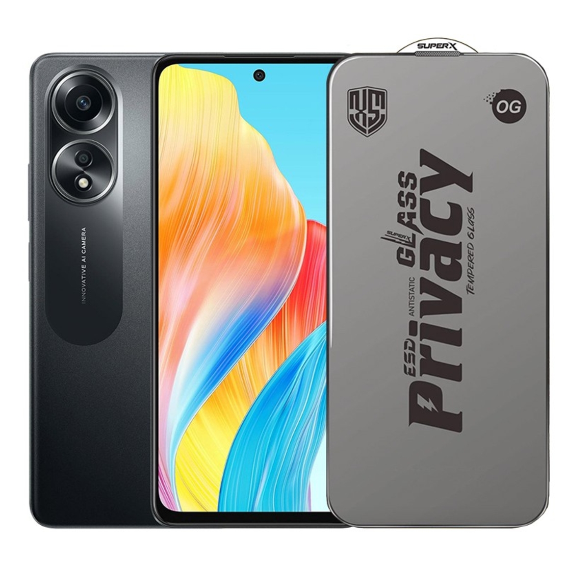 Folie de Protectie pentru Oppo A58, Vafy, Sticla Securizata ESD Antistatica, Super-X Privacy OG, Margini Negre, 0.30 mm, Transparent Inchis