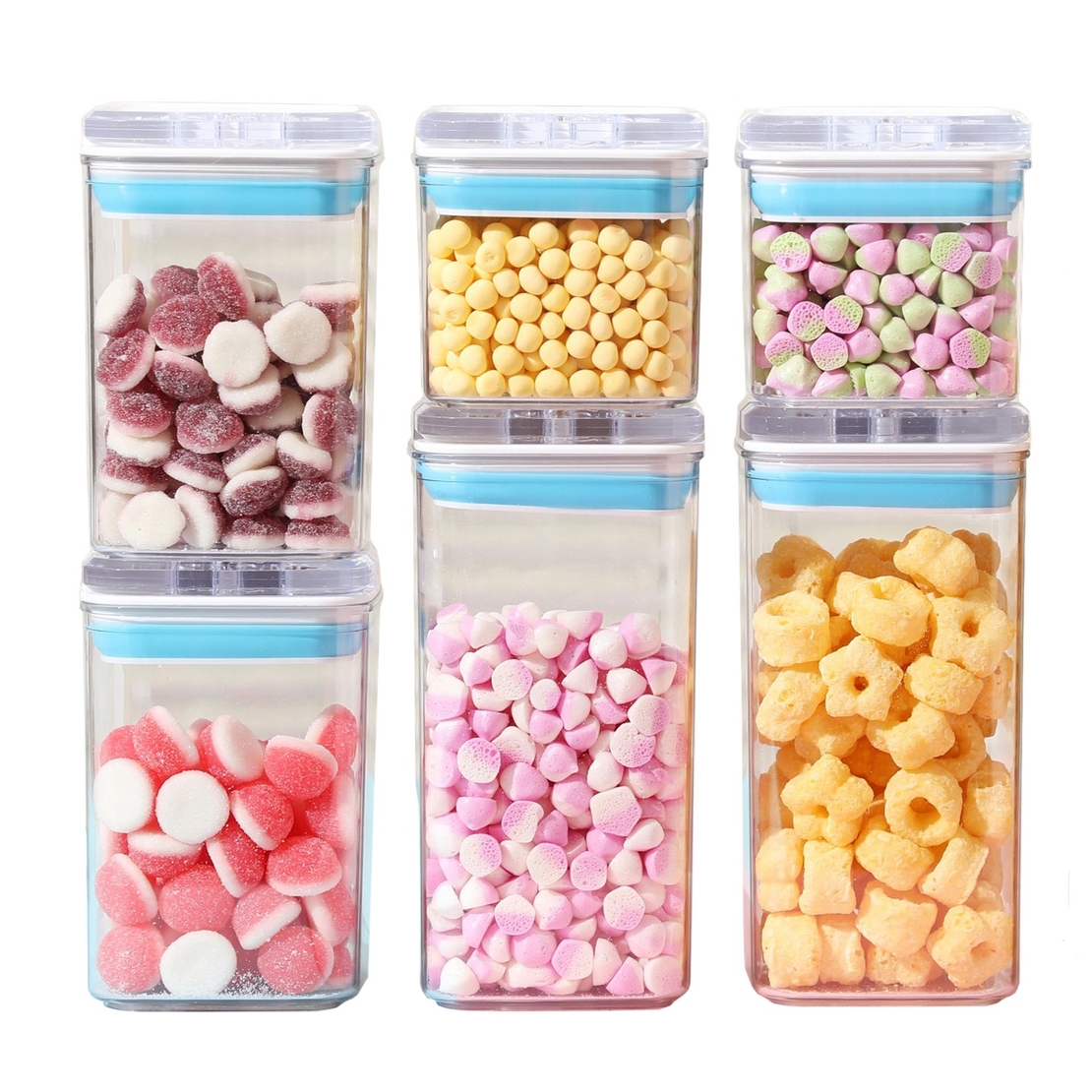 Cutii de Depozitare Alimente, Flippy, Set din 6 Cutii de tip Container, 2x0.5 l, 2x0.8 l, 2x1.2 l, Recipiente pentru Cereale in Bucatarie, Transparente cu Capac Albastru-Alb
