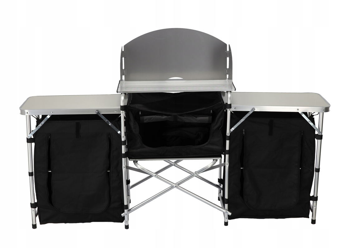 Bucatarie de camping pliabila cu 3 blaturi, cadru aluminiu, portabila pentru exterior, 175x40x111 cm