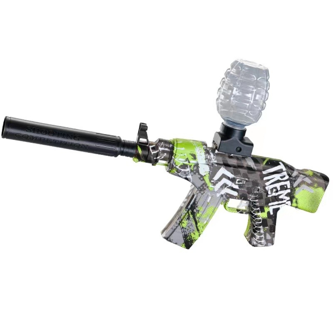 Mitraliera de jucarie electrica Flippy cu bile de hidrogen de gel, gun bluster, tragere in rafala, varsta peste 6 ani, sageti cu ventuze de spuma, amortizor, ochelari de protectie, 5000 de bile incluse, cablu de incarcare, 28x31 cm, AK47, verde