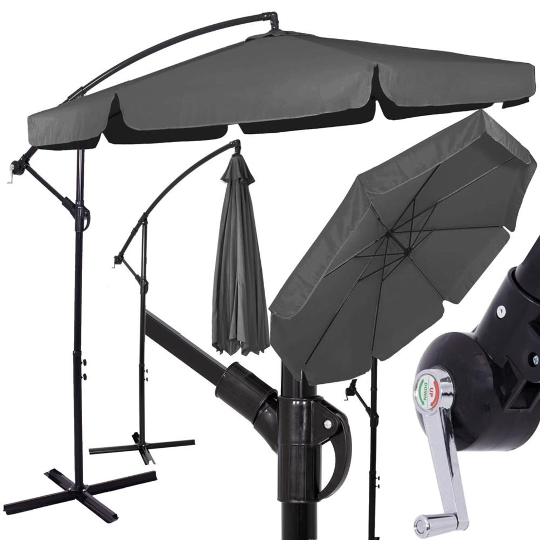 Umbrela de gradina cu brat lateral banana, cu husa, 300cm, gri