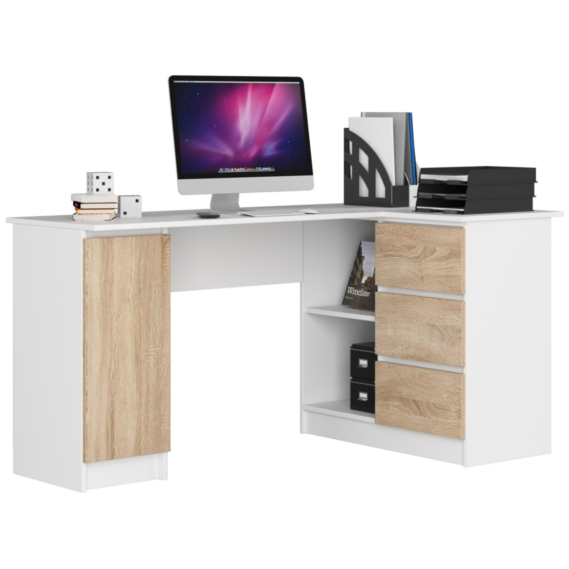 Birou colt dreapta in L cu 3 sertare si rafturi, PAL laminat 16 mm, 155x85x77 cm, alb si stejar sonoma