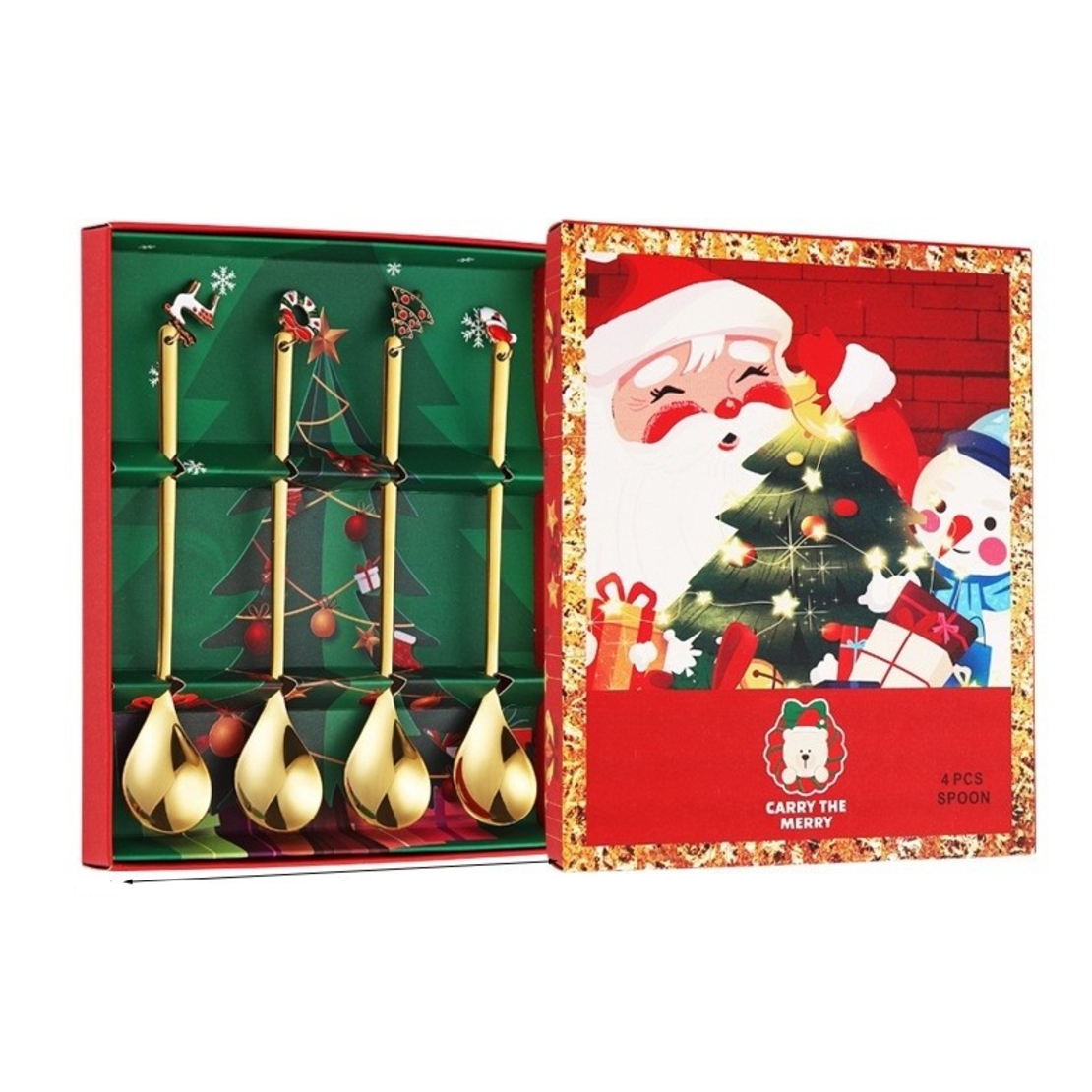 Set 4 Lingurite, Flippy, Tema Craciun, Model Carry The Merry, 4 Modele Tip Pandantiv, din Otel Inoxidabil, 19 x 16 x 2 cm, Multicolor