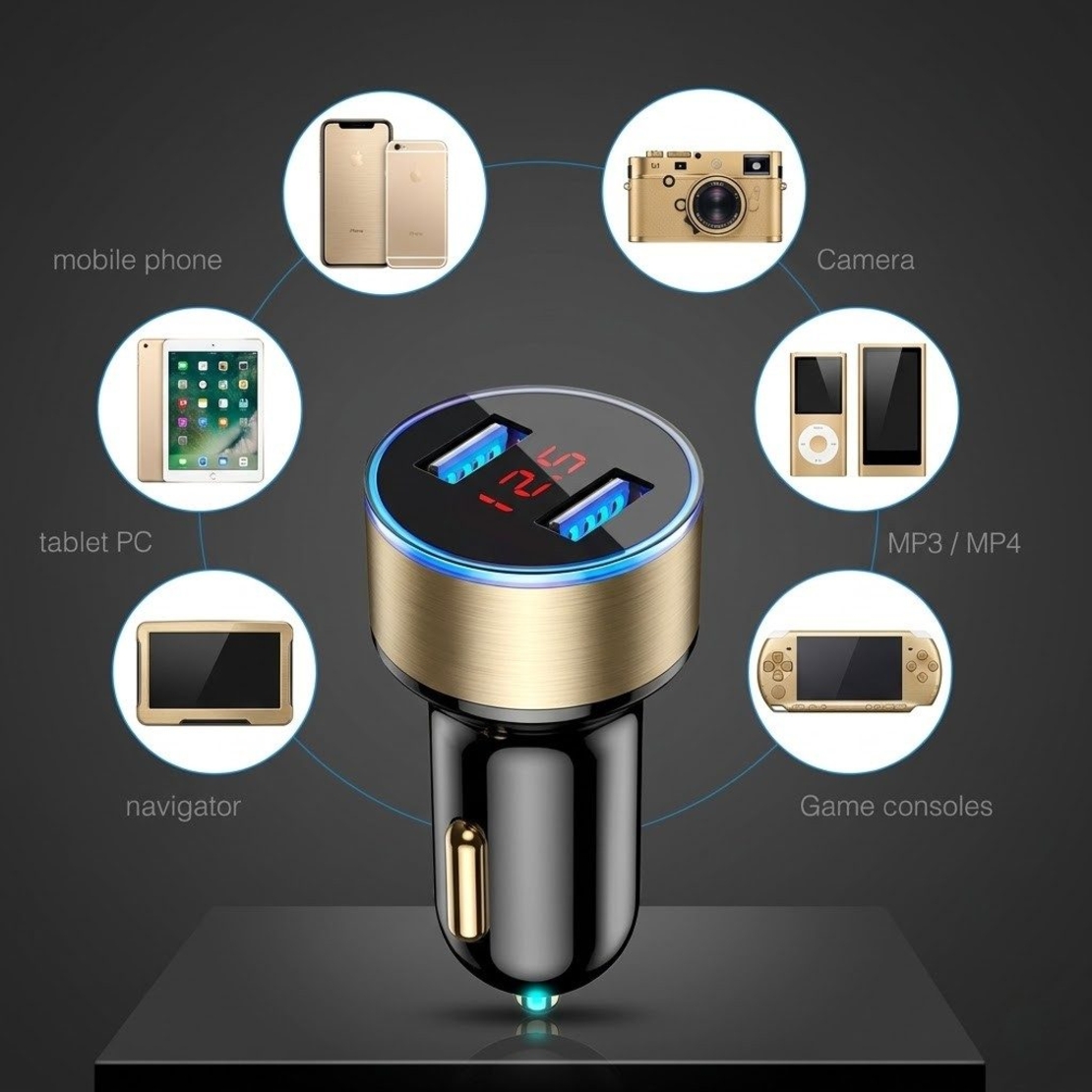 Incarcator Auto cu Afisaj Digital, Flippy, din Metal, 3.1A, Incarcare Rapida 6A PD+QC3.0, Dublu USB, Negru/Auriu