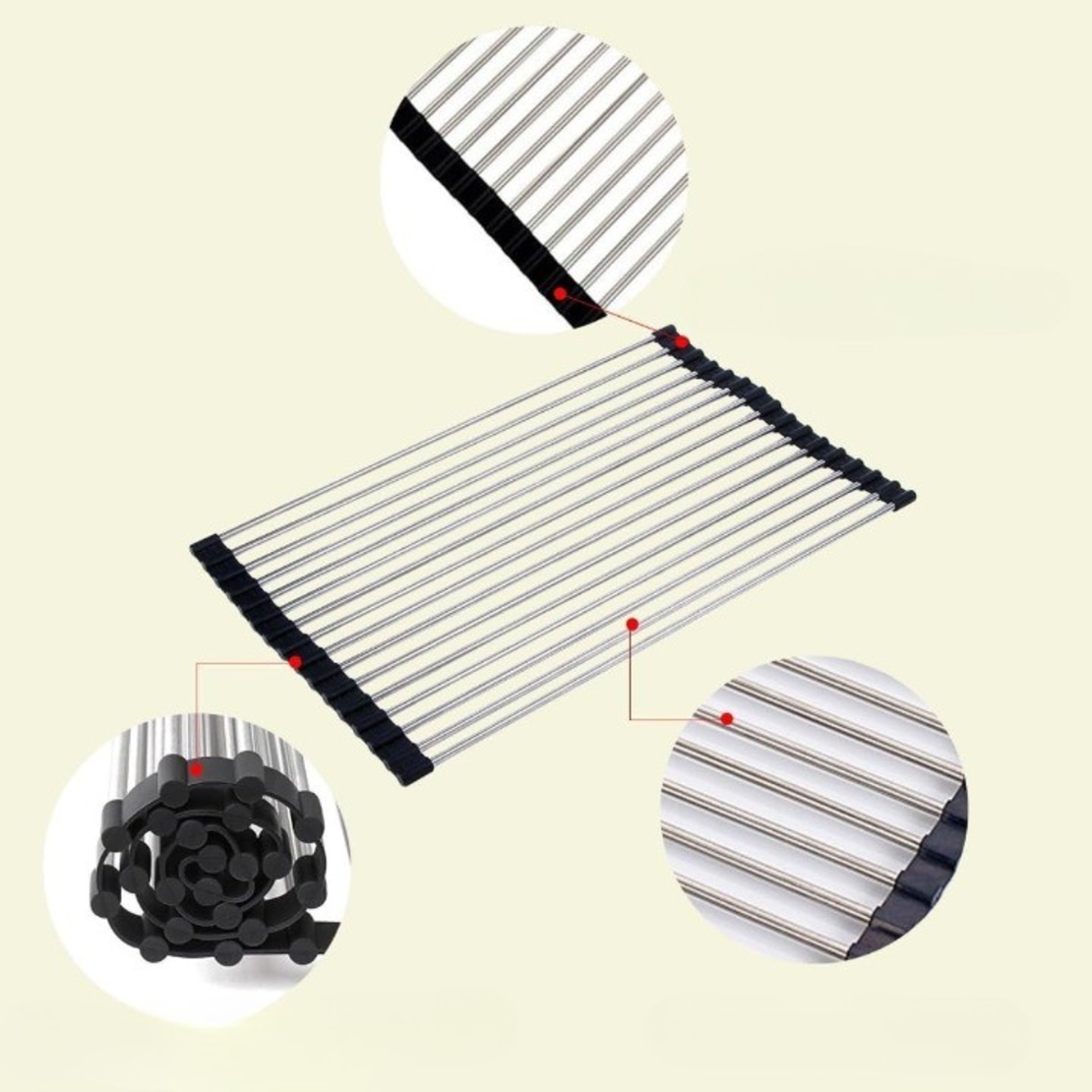 Covoras de Scurgere pentru Chiuveta Bucatarie, din Otel Inoxidabil, Suport Chiuveta, Pliabil, Antiderapant, Usor de Curatat si de Depozitat, 37x30 cm, 15 Tuburi, Negru