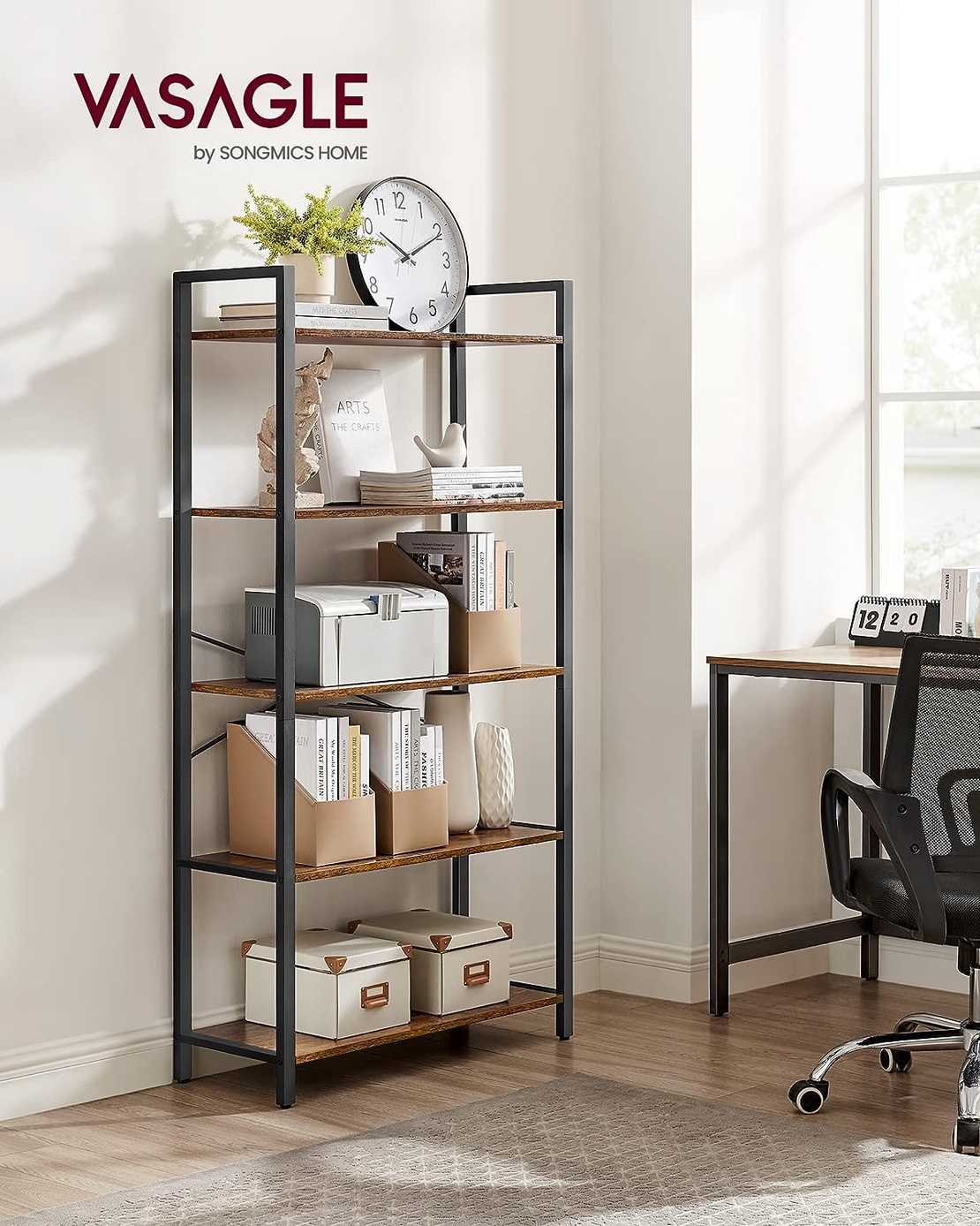 VASAGLE Biblioteca cu 5 etaje din lemn, cadru otel, stil industrial, 30x66x153cm, maro rustic si negru