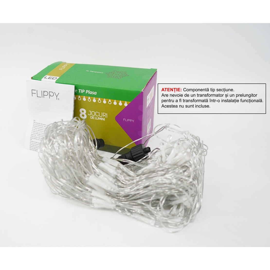 Sectiune Instalatie de Craciun Vafy, Tip Plasa, 120 LED-uri, 1.5 x 1.5 m, 8 jocuri de lumini, Interconectabila, Fir transparent, Alb rece