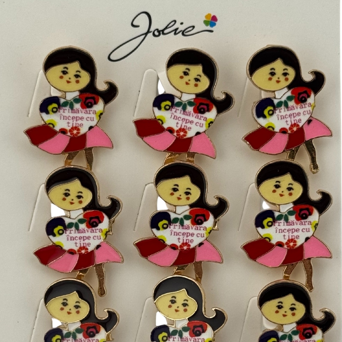 Set 12 Brose Martisor Primavara, Jolie, Model Fata, Mesaj Primavara Incepe cu Tine, Multicolor