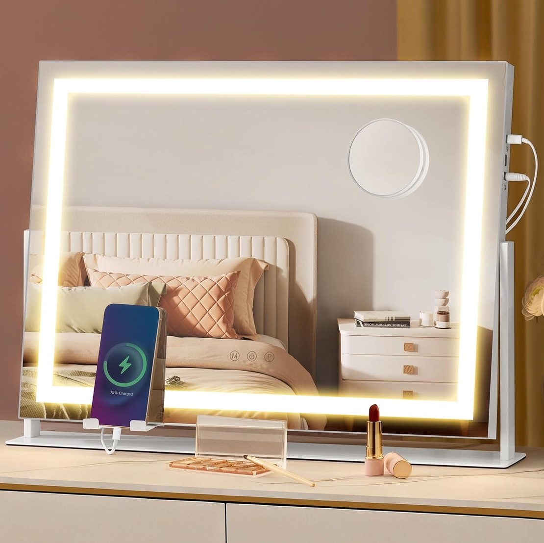 SONGMICS Oglinda machiaj cu iluminare LED, 3 culori lumina, suport telefon, 2 porturi USB, zoom 10x, 58x43 cm, alb