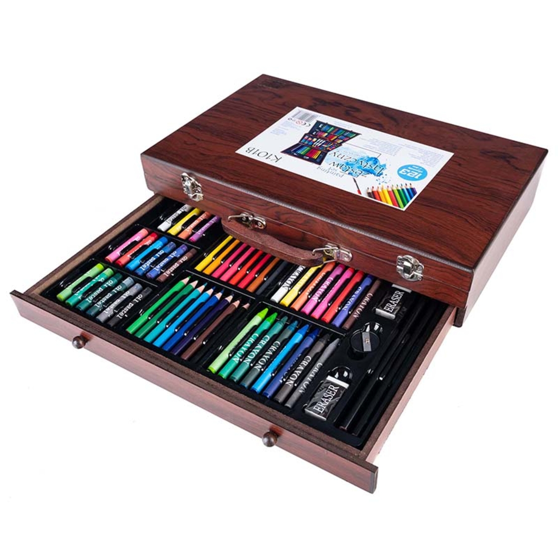 Set desen si pictura XL 130 piese cu valiza din lemn, 37x23x8 cm, multicolor