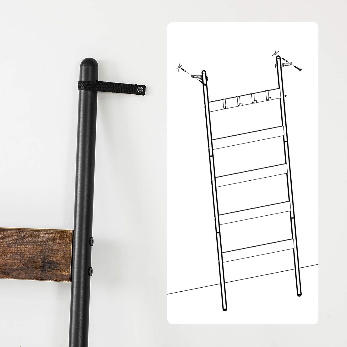 VASAGLE Cuier baie tip scara inclinata, cadru din otel cu 5 nivele, agatatori detasabile, 65x178cm, maro rustic si negru