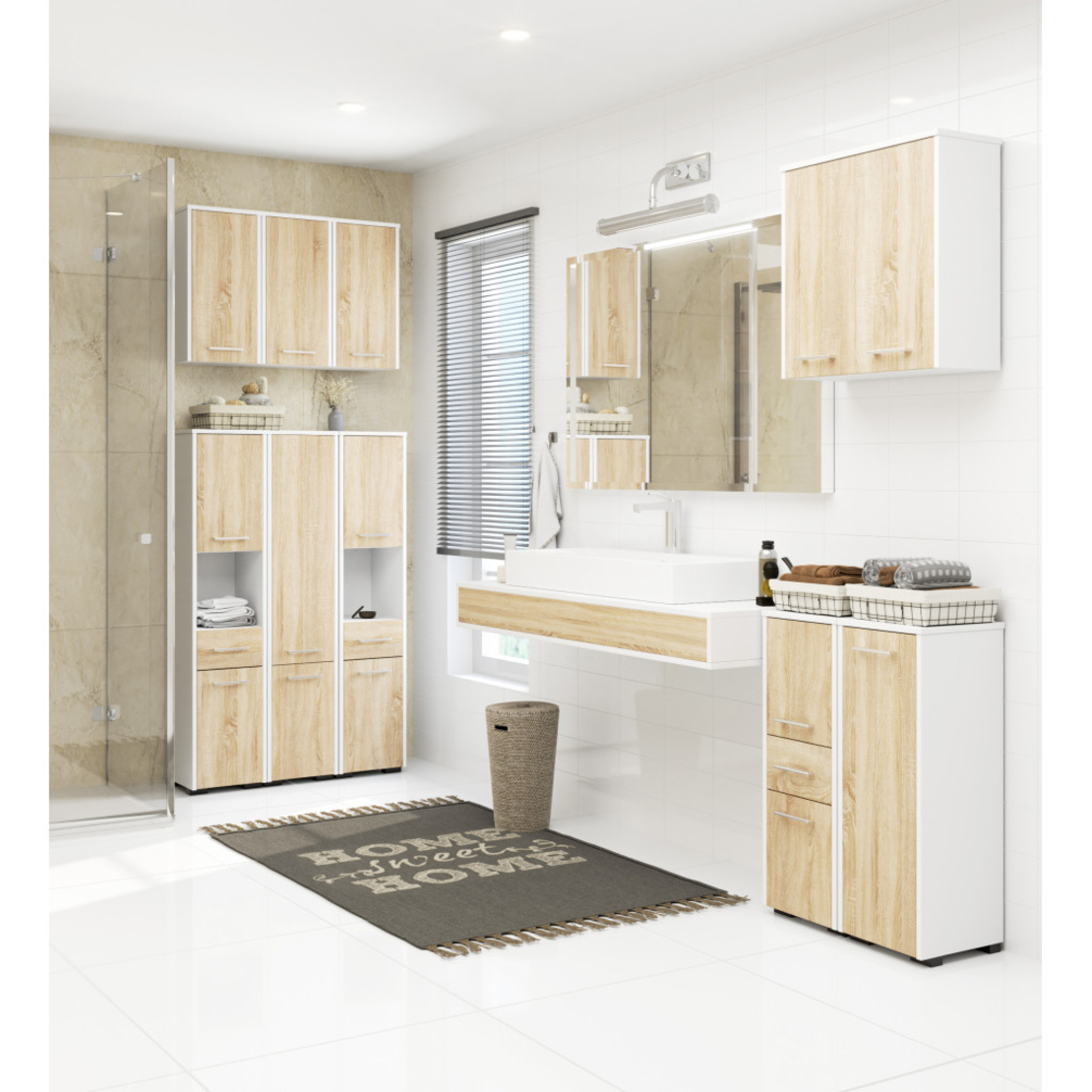 Dulap baie suspendat, cu 2 usi si 4 rafturi interioare, PAL 16 mm, 64x30x94 cm, alb si stejar sonoma