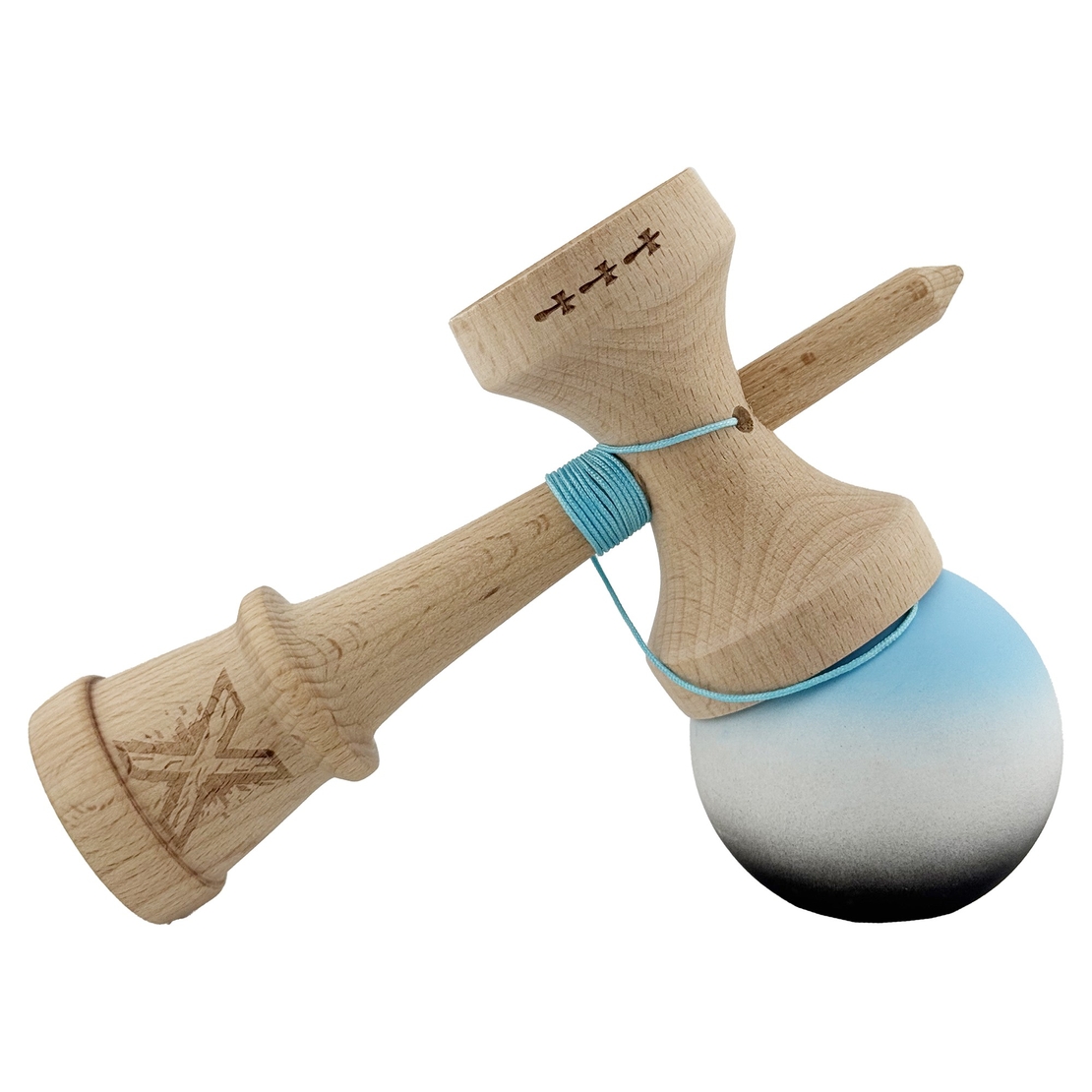 Kendama X Originala, Profesionala, Flippy, Cupe Mari KING SIZE V3, Rubber Grip, Gaura in Baza, Rulment Metalic, din lemn 18 cm, Ata 62/65 cm, Gradient Albastru deschis/Alb/Negru