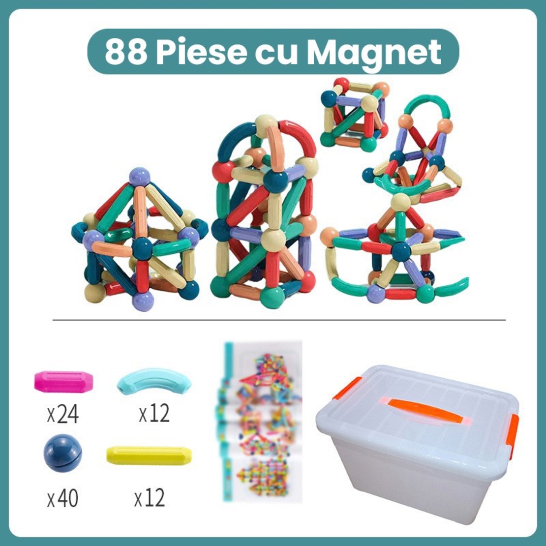 Piese Magnetice pentru Copii, Flippy, Set din 88 de Piese de diferite Culori, Constructor Magnetic cu Posibilitatea de a Construii forme Nelimitate, Multicolor