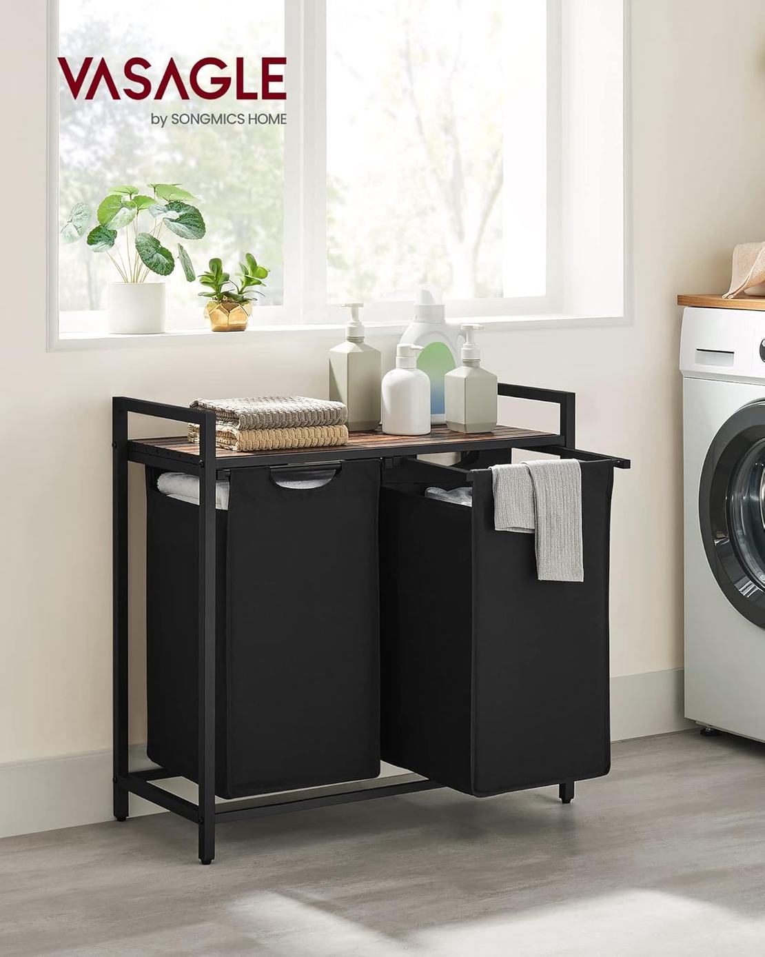 VASAGLE Cos de rufe, 2 compartimente, saci de rufe detasabili, raft, cadru metalic, 2x46L, 73x33x72 cm, maro rustic si negru