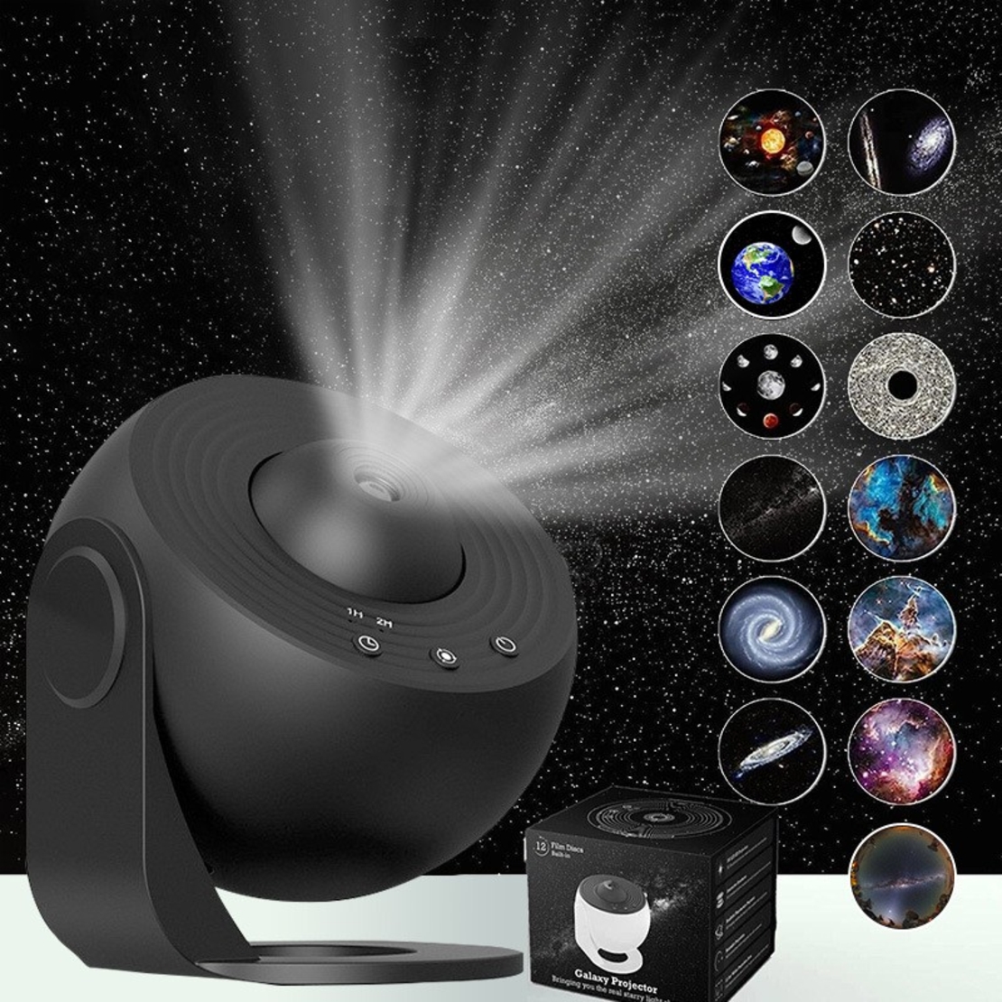 Lampa Tip Proiector Galaxie, Flippy, pentru Dormitor, Tematica Cer Instelat, Model Glob, HD, Rotire 360 de Grade, 13 Imagini, Incarcare USB, 5 W, 11.2x10.8x10.9 cm, Negru