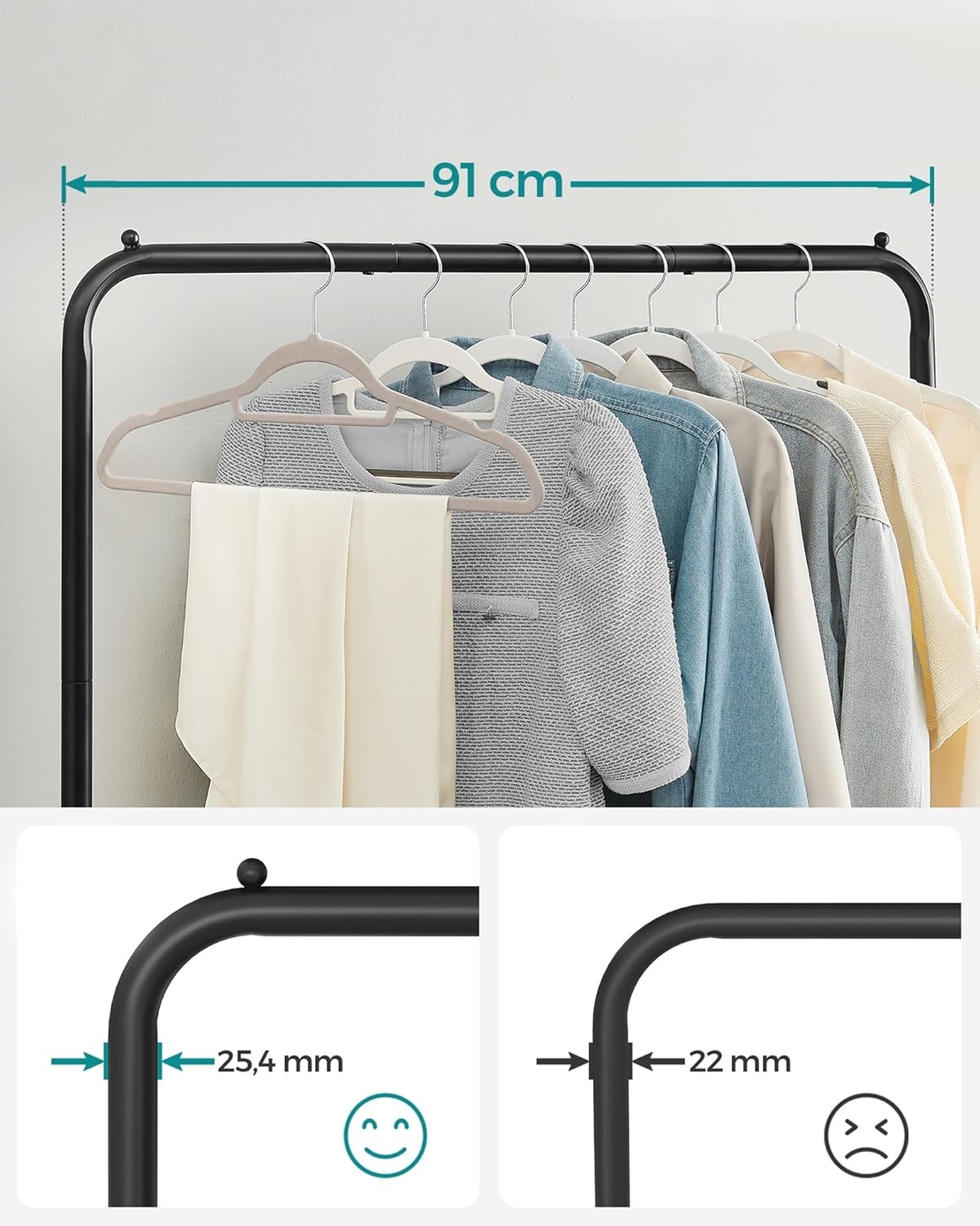 SONGMICS Suport pentru haine mobil cu roti, bara umerase si raft, stil industrial, 91x41x158 cm, negru