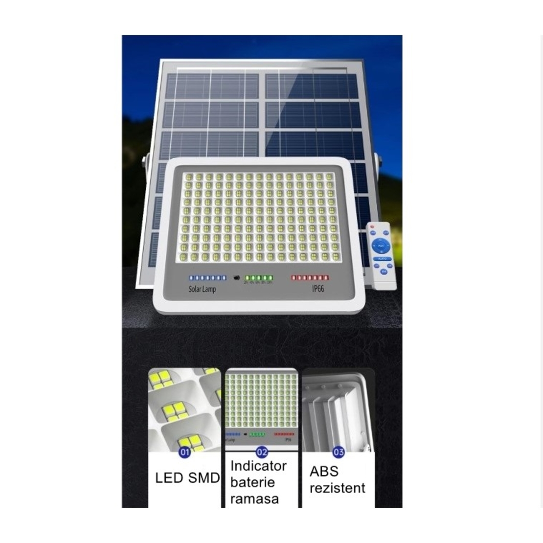 Proiector LED cu Panou Solar Flippy, Senzor lumina, Waterproof, 396 LED-uri incorporate, 200W, 30x24 cm, IP67, Design Modern, Negru