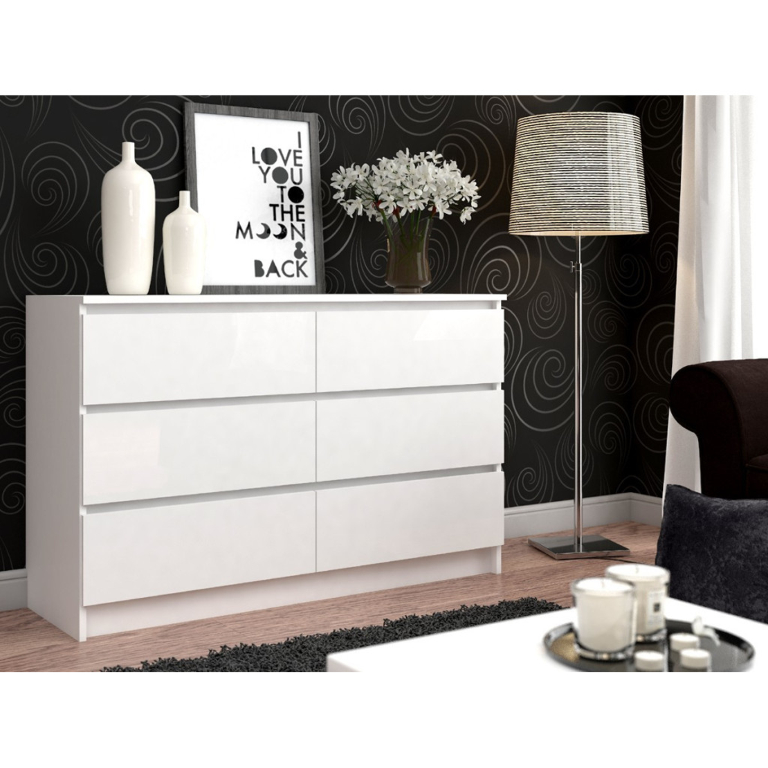 Comoda cu 6 sertare, PAL laminat, 138x40x77 cm, alb mat