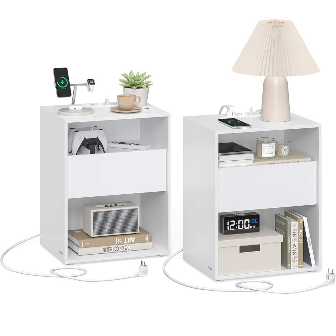 VASAGLE Set 2 noptiere cu porturi USB si prize, sertar si rafturi deschise, 45x35x58 cm, alb mat