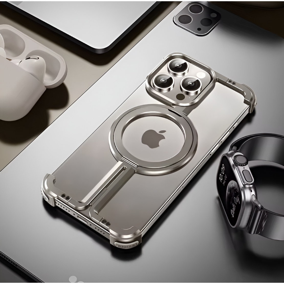 Husa MagSafe Metalica Compatibila cu iPhone 15 Pro, Vafy, Clear Case, Aliaj de Aluminiu, cu Magnet, fara Rama, Antisoc, Antizgariere, Incarcare Wireless, Gri Metalizat