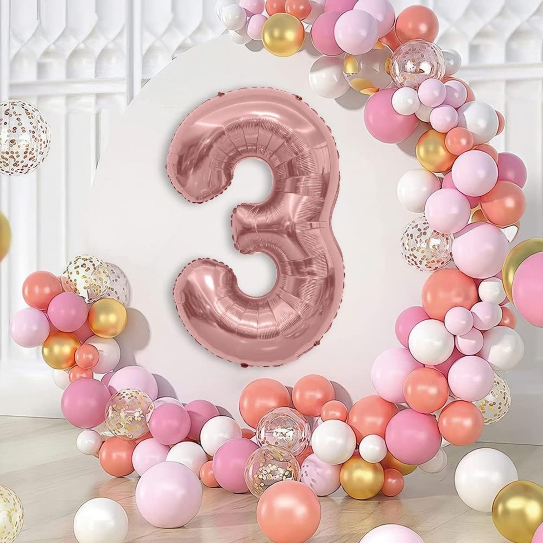 Balon din Folie Metalizata Flippy, Figurina Cifra, Tema Aniversare 80 cm, Ambalaj Individual, Pai inclus, Umflare cu Aer sau Heliu, Rose Gold, Cifra 3