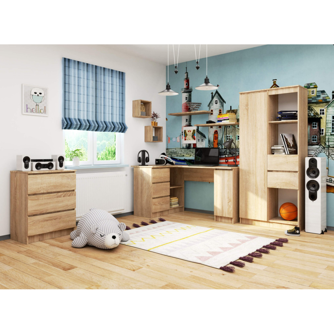 BBirou colt stanga in L cu 3 sertare si rafturi, PAL laminat 16 mm, 155x85x77 cm, stejar sonoma