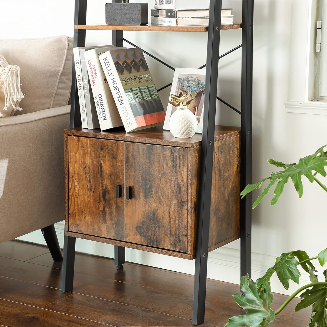 VASAGLE Biblioteca tip scara, cu dulap si 4 rafturi din MDF, stil industrial, 34x56x172cm, maro rustic si negru
