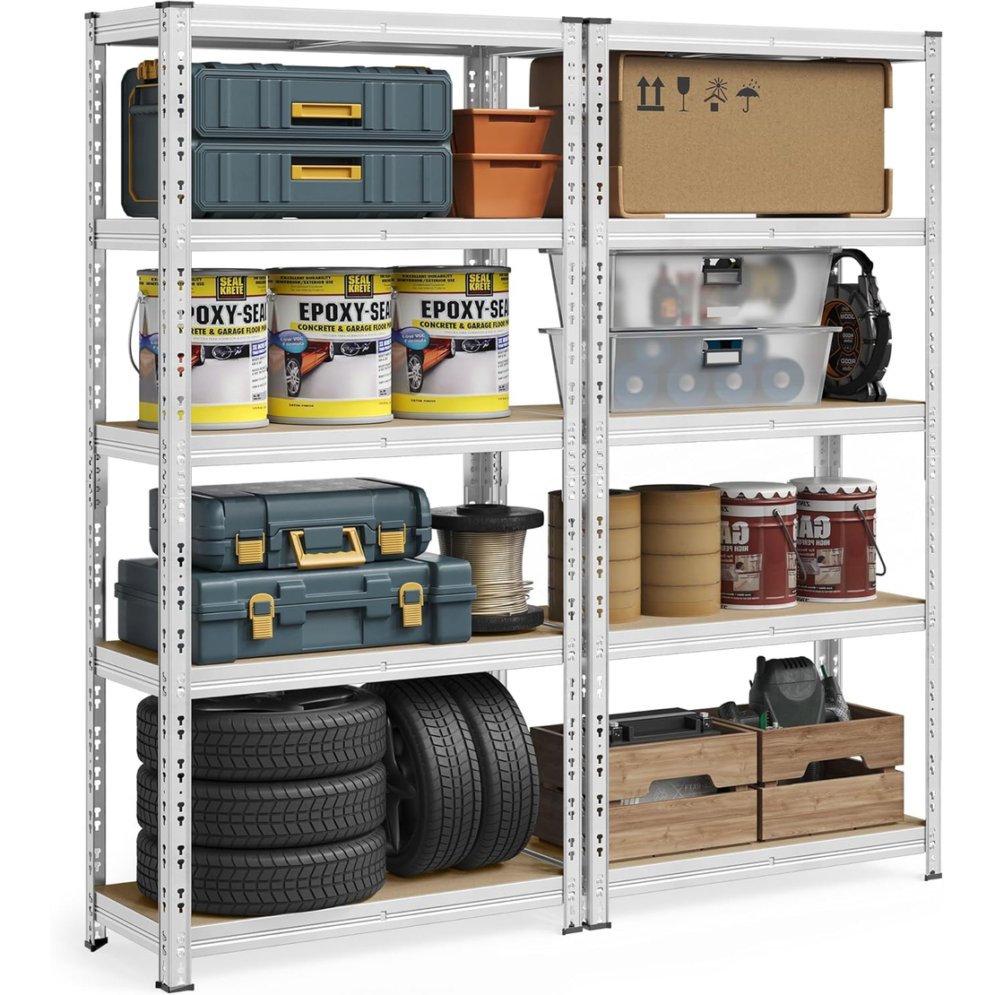SONGMICS Set 2 rafturi metalice depozitare, 5 niveluri, reglabile, polite MDF, 875 kg, 40x90x180 cm, argintiu