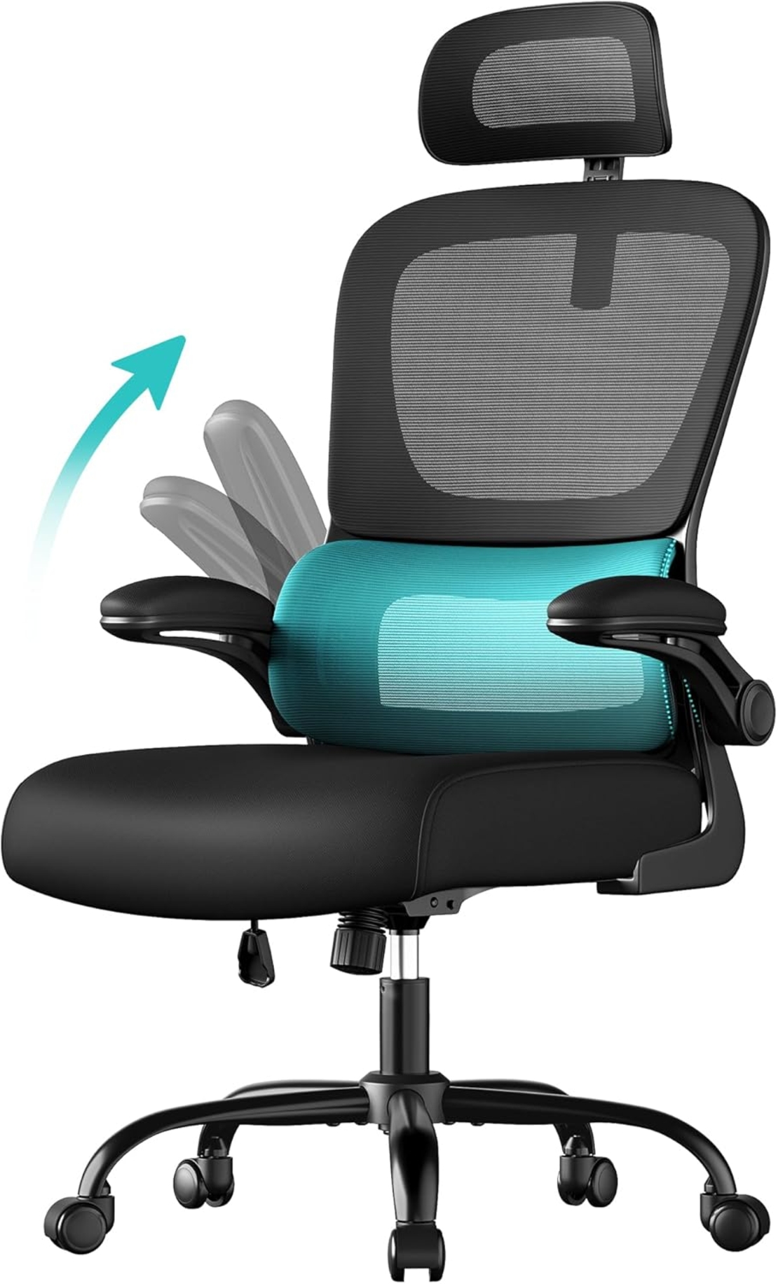 SONGMICS Scaun de birou ergonomic mesh, suport lombar dinamic, tetiera reglabila, brate rabatabile, 70x70x135 cm, negru