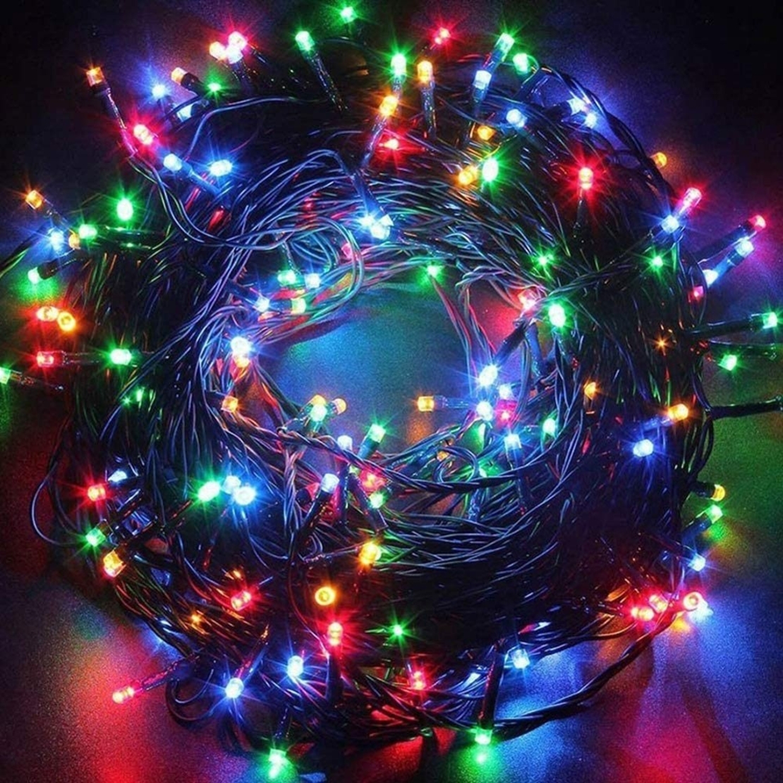 Instalatie Craciun, 15 m, 429 Led-uri ,Franjuri, Rosu / Verde/ Albastru, Flash, Transformator cu telecomanda, Interconectabila, Prelungitor 5 m inclus, Fir Negru, Vafy