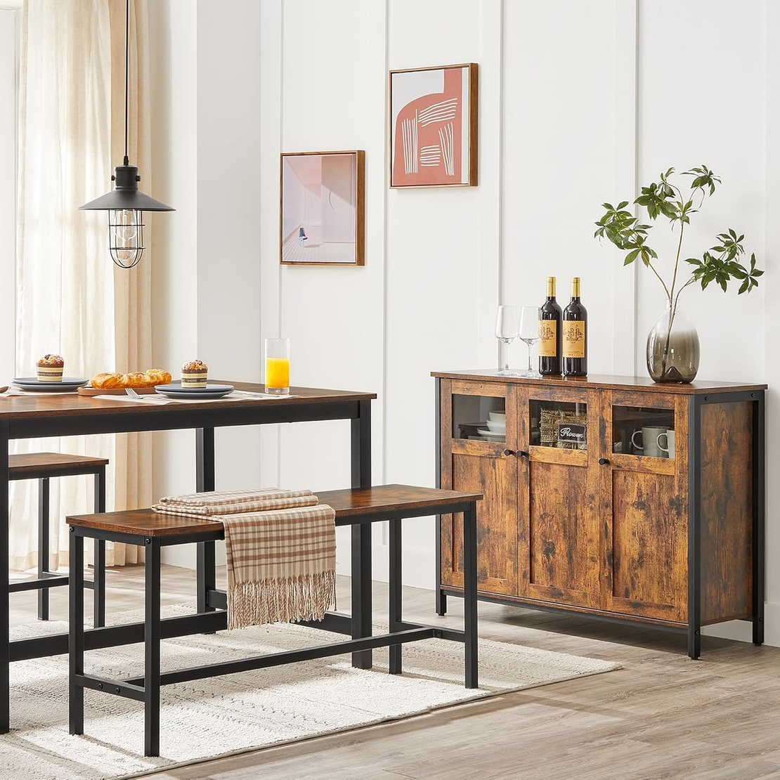 VASAGLE Comoda cu 3 usi din sticla, cadru metalic, stil industrial, 35x100x75 cm, maro rustic