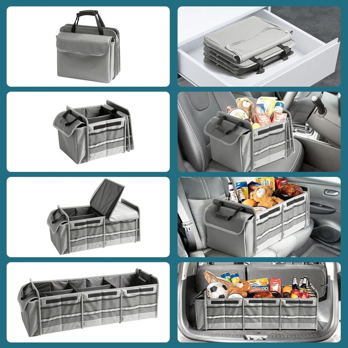 Organizator Auto pentru Portbagaj, Flippy, Model Pliabil, din Panza, cu Geanta Termoizolanta Detasabila, 3 Compartimente, Curele Ajustabile, 90 x 35 x 30 cm, Gri