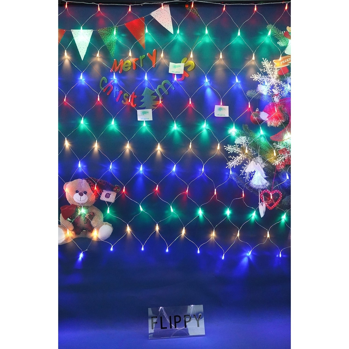 Sectiune Instalatie de Craciun Vafy, Tip Plasa, 120 LED-uri, 1.5 x 1.5 m, 8 jocuri de lumini, Interconectabila, Fir transparent, Multicolor