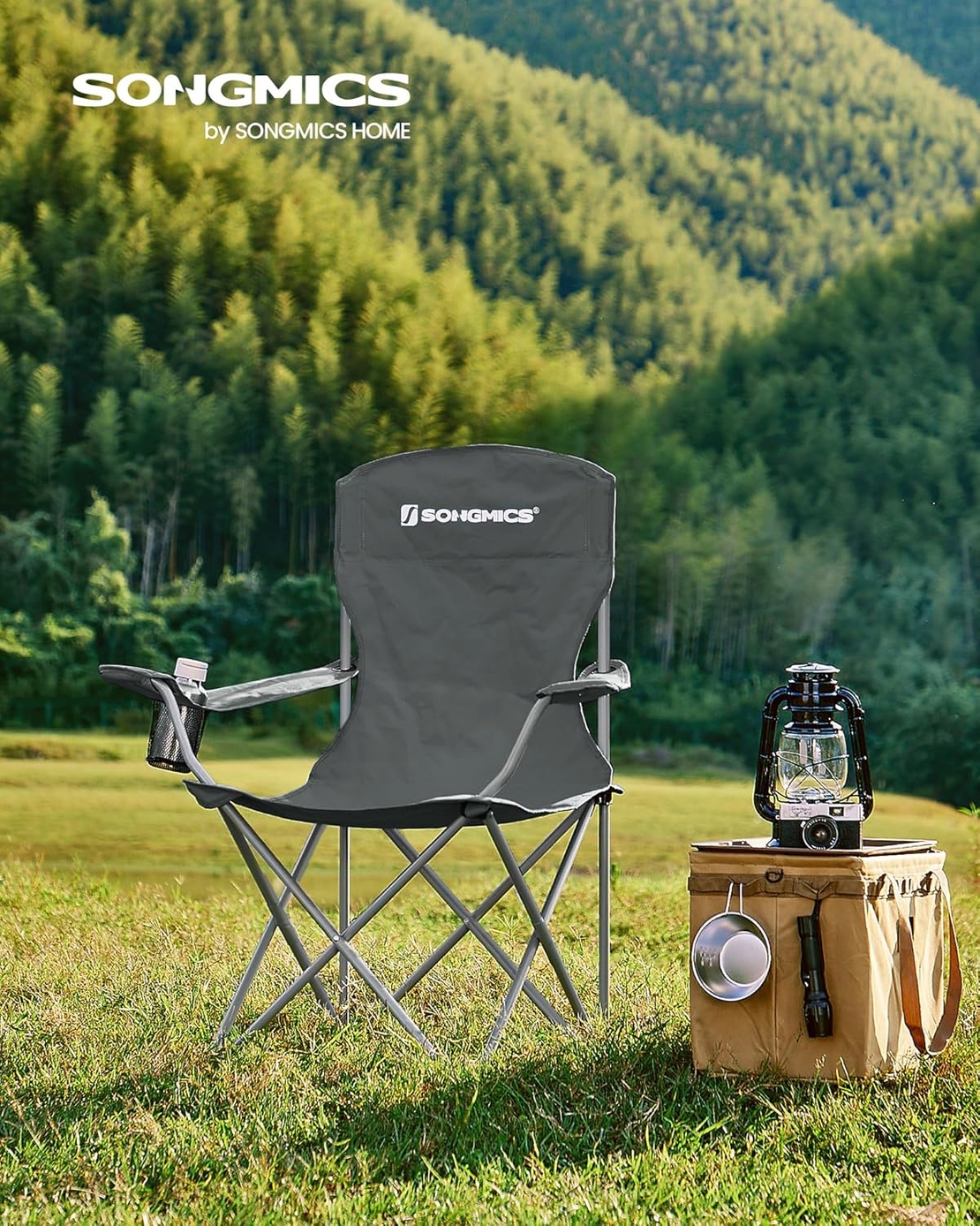 SONGMICS Set 2 scaune pliabile camping cu suport bauturi, husa transport, 150 kg, 54x86x97 cm, gri