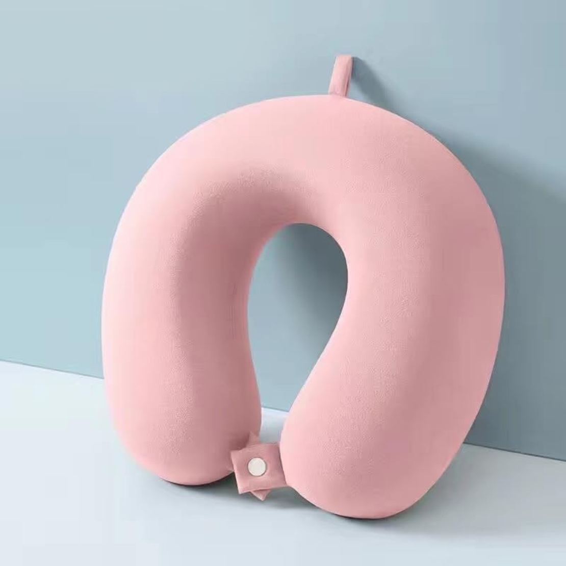 Perna de Calatorie in Forma de U, Vafy, Pentru Gat si Cap, Umplutura din Spuma cu Memorie, 30x30 cm, Sistem Prindere Capse, Cutie de Depozitare, Roz