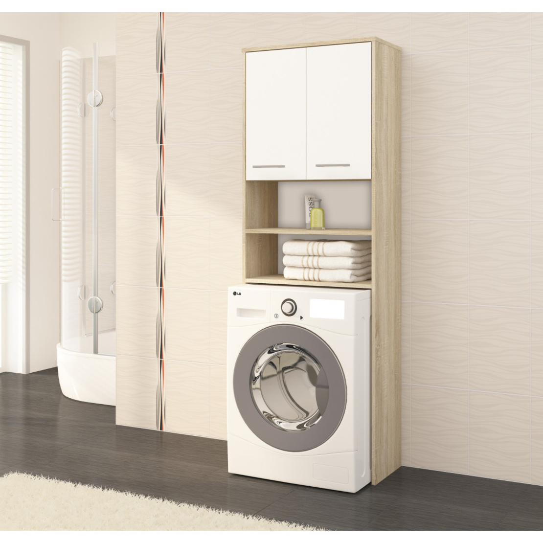 Dulap baie inalt pentru spatiu deasupra masinii de spalat, cu usi si polite, 64x30x180 cm, stejar sonoma si alb
