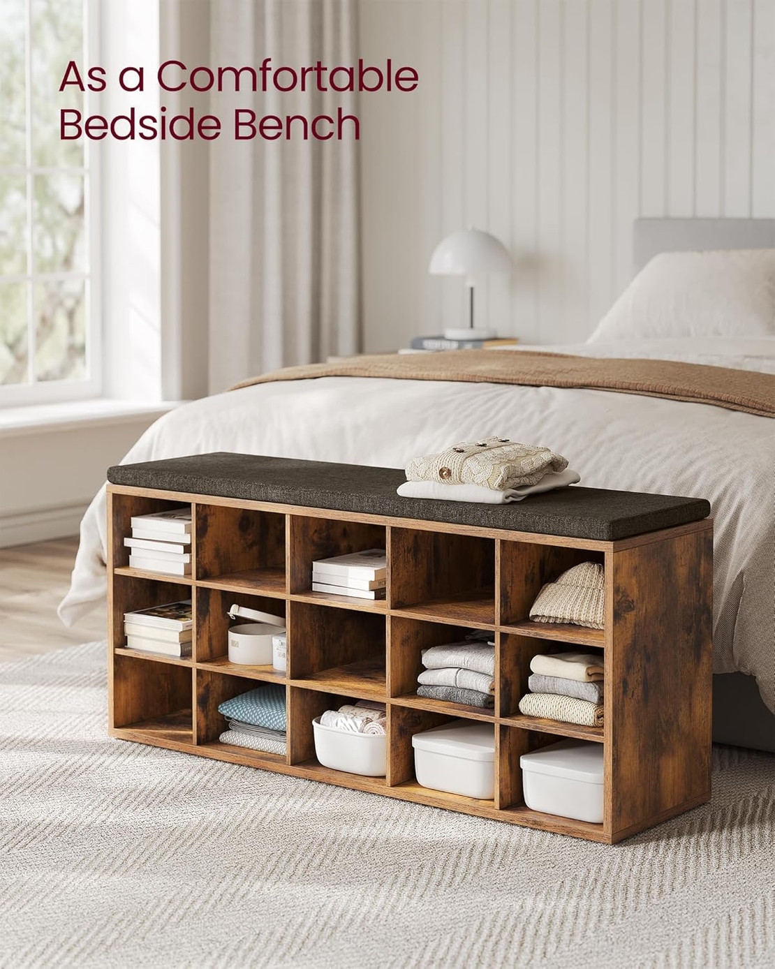VASAGLE Banca pentru hol cu suport pentru pantofi, 15 compartimente, cu perna, 30x105x48cm, maro rustic