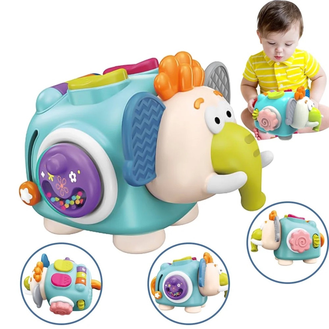 Jucarie interactiva Montessori, Flippy, Jucarie pentru Bebelusi, Model Elefant Dragut, din Plastic rezistent, Varsta 18+ luni, 21 x 16 x 14 cm, Verde deschis