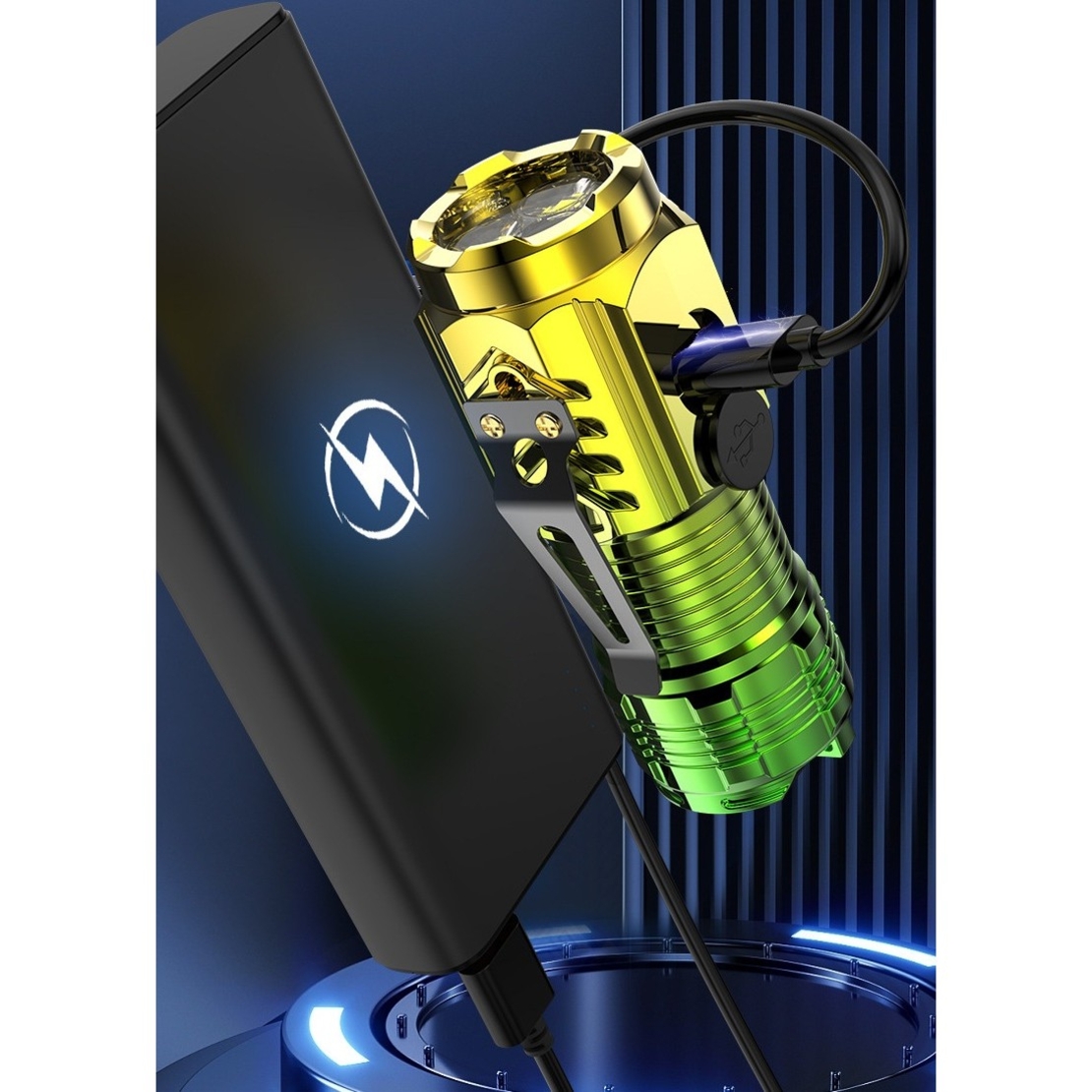 Lanterna cu 3 Nuclee Led, Vafy, Incarcare USB, Autonomie 4-20h, Raza Maxima 100-200 m, 5W, 4 x 4 x 9 cm, Suport de Agatat, Fund Magnetic, Galben/Verde